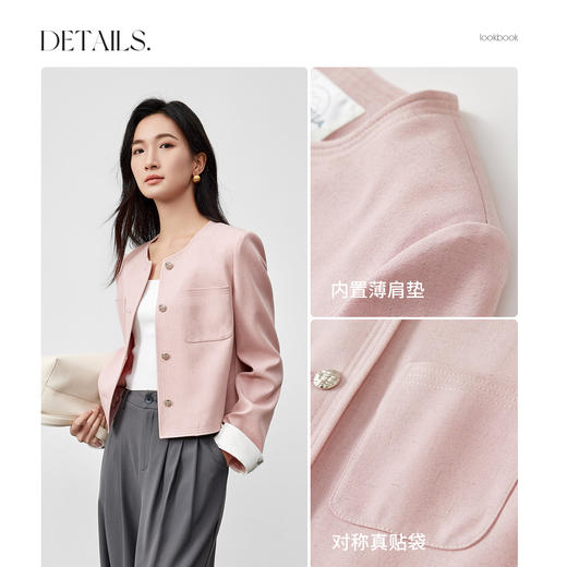 【内购】亚麻外套小个子优雅通勤圆领金属扣撞色暗纹卷袖垫肩短款外套-151W58756 商品图3