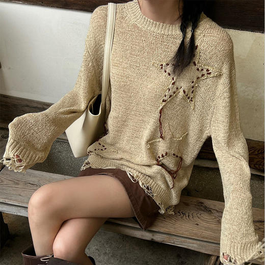 【顺丰包邮】41056 洛诗琳秋冬设计感收工剪切星星毛须边针织套头衫608 商品图2