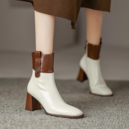 【预售5天】牛皮欧美时尚拼色时装靴，粗跟短筒靴子气质圆头侧拉链高跟短靴HCYYHD&3217 商品图0
