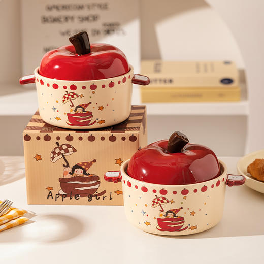 摩登主妇苹果女孩泡面碗带盖圣诞餐具生日礼物送女生可爱陶瓷碗具 商品图0