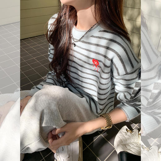 【179元任选2件】最后一波现货！爱心刺绣条纹宽松毛衣 商品图1