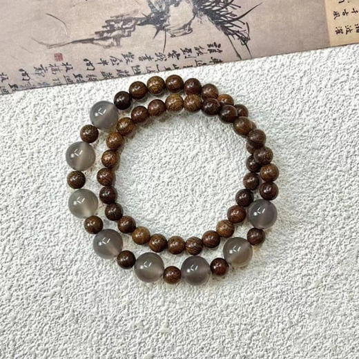 【新中式金丝檀木串珠手链】古风高颜值手饰 复古双圈木质灰玛瑙手串  商品图1