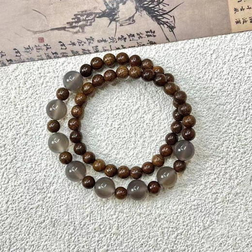 【新中式金丝檀木串珠手链】古风高颜值手饰 复古双圈木质灰玛瑙手串  商品图3