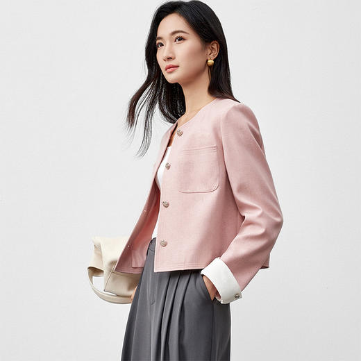 【内购】亚麻外套小个子优雅通勤圆领金属扣撞色暗纹卷袖垫肩短款外套-151W58756 商品图2