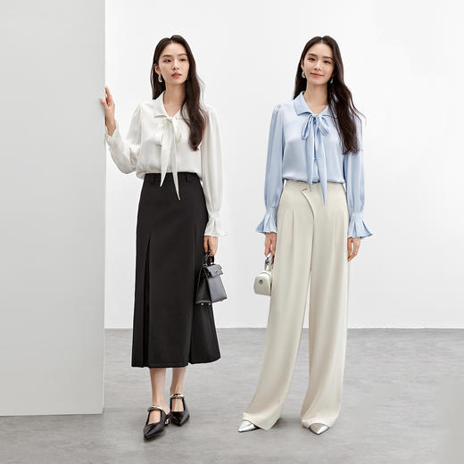 【内购】尚都比拉温柔轻职场通勤优雅蝴蝶结飘带翻领珠扣花瓣长袖缎感衬衫-57896 商品图3