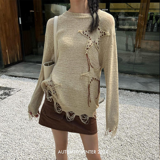 【顺丰包邮】41056 洛诗琳秋冬设计感收工剪切星星毛须边针织套头衫608 商品图3