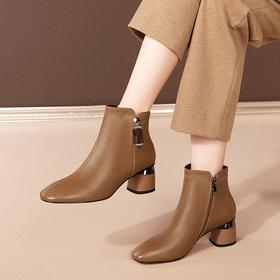 【预售5天】方头粗跟卡其色短靴，侧拉链软底皮靴子DSM&A136-2