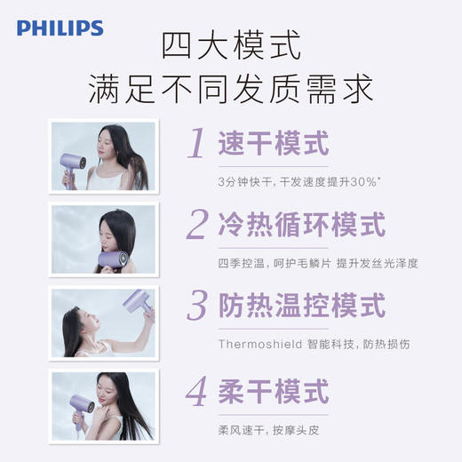 【飞利浦】吹风机负离子不伤发家用高速电吹风水离子大功率护发磁吸速干吹风筒 【绝绝紫】水光机BHD720/05 商品图5