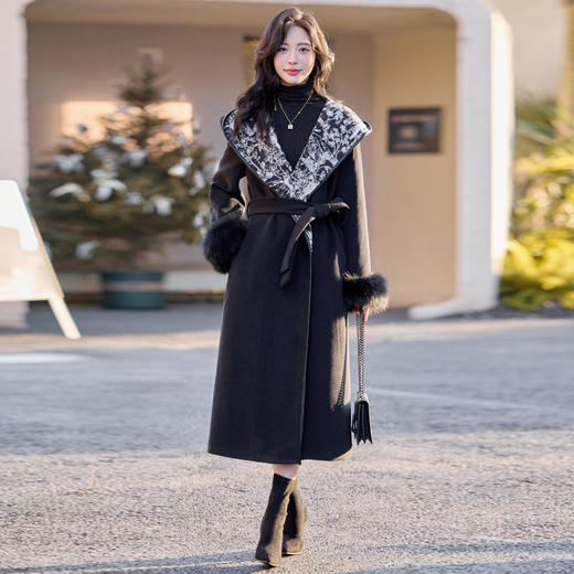 提花连帽毛呢羽绒大衣，中长款收腰系带轻奢外套YJLY8506A 商品图3