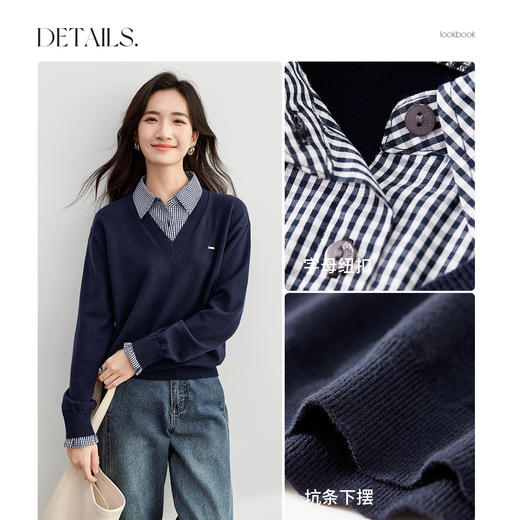 【内购】miu系通勤设计感撞色蓝格纹拼接假两件两粒扣翻领弹力毛衣-751E58366 商品图2