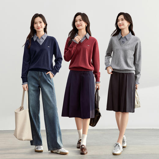 【内购】miu系通勤设计感撞色蓝格纹拼接假两件两粒扣翻领弹力毛衣-751E58366 商品图3