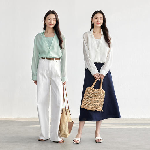 【内购】尚都比拉叠穿式假两件V型翻领前短后长下摆莱赛尔绵羊毛肌理感衬衫-57470 商品图3