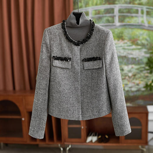 【高货wl】全新升级【铂金会员367/天猫489/差价122】(90143) 洛诗琳重工亮片钉珠外套女新款羊毛小香风名媛气质外套女 商品图0