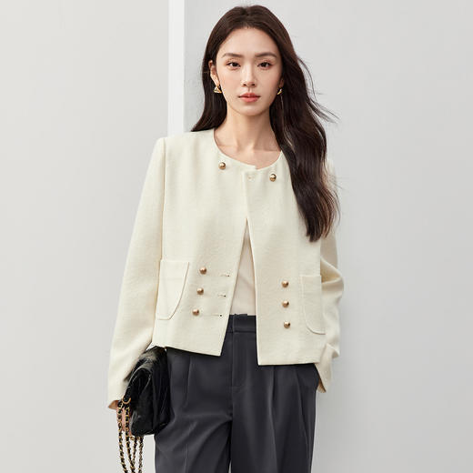 【内购】亮丝花纱聚会优雅气质圆领定制双排金属扣垫肩长袖肌理感外套-151W58655 商品图2