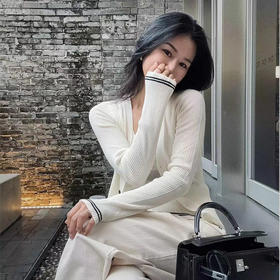 【顺丰包邮】40836 洛诗琳简约羊毛混纺罗纹V领长袖拼色针织开衫165