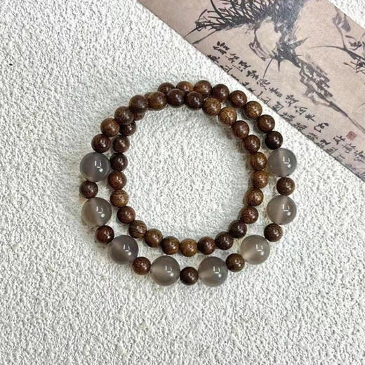【新中式金丝檀木串珠手链】古风高颜值手饰 复古双圈木质灰玛瑙手串  商品图2