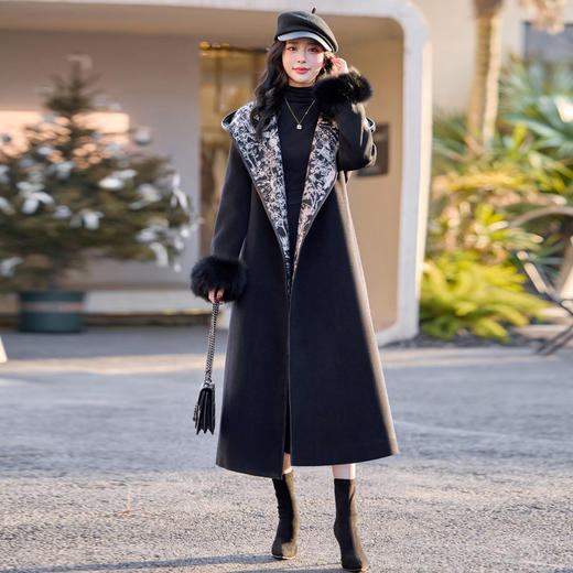 提花连帽毛呢羽绒大衣，中长款收腰系带轻奢外套YJLY8506A 商品图1