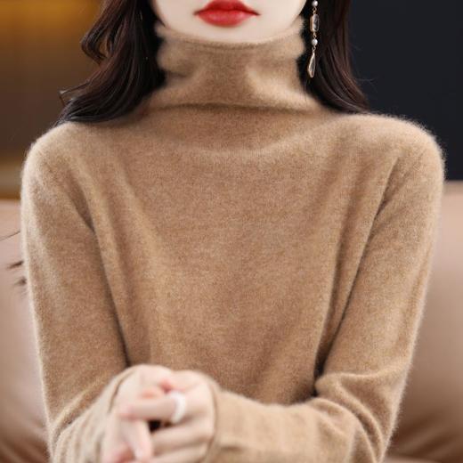 100%纯羊毛衫女卷口高领毛衣堆堆领纯色打底 商品图1
