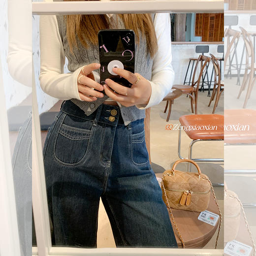 <曾小咸推荐>显瘦深蓝色加绒阔腿牛仔裤 商品图2