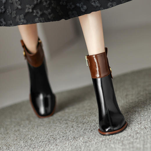 【预售5天】牛皮欧美时尚拼色时装靴，粗跟短筒靴子气质圆头侧拉链高跟短靴HCYYHD&3217 商品图4