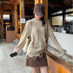 【顺丰包邮】41056 洛诗琳秋冬设计感收工剪切星星毛须边针织套头衫608