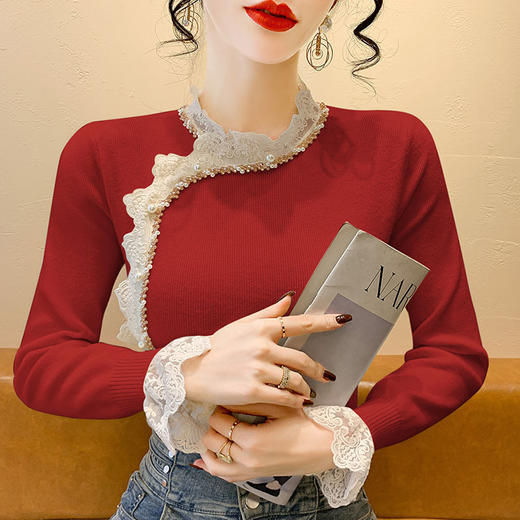 SMZ33728半高领钉珠蕾丝拼接针织衫毛衣女2024冬新款修身内搭长袖打底上衣 商品图1