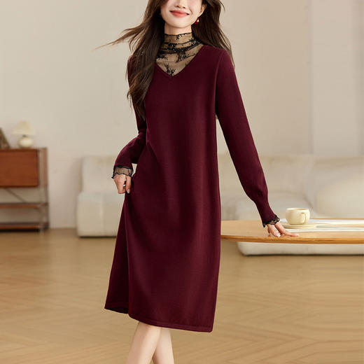 CC-XFY-2338蕾丝拼接毛衣连衣裙女中长款秋冬小个子配大衣内搭打底裙 商品图0