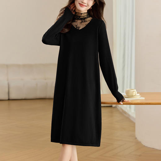 CC-XFY-2338蕾丝拼接毛衣连衣裙女中长款秋冬小个子配大衣内搭打底裙 商品图2