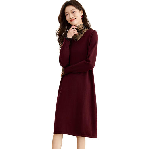 CC-XFY-2338蕾丝拼接毛衣连衣裙女中长款秋冬小个子配大衣内搭打底裙 商品图4