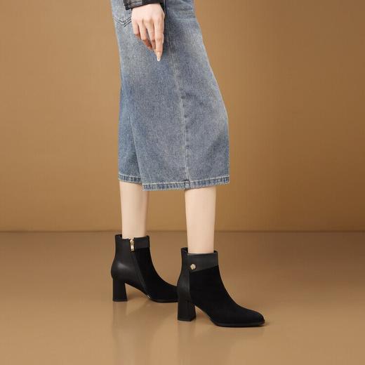 【预售5天】复古风磨砂高跟短靴新款气质尖头拼接粗跟短筒拼色女靴法式及踝靴HY&H3548 商品图4