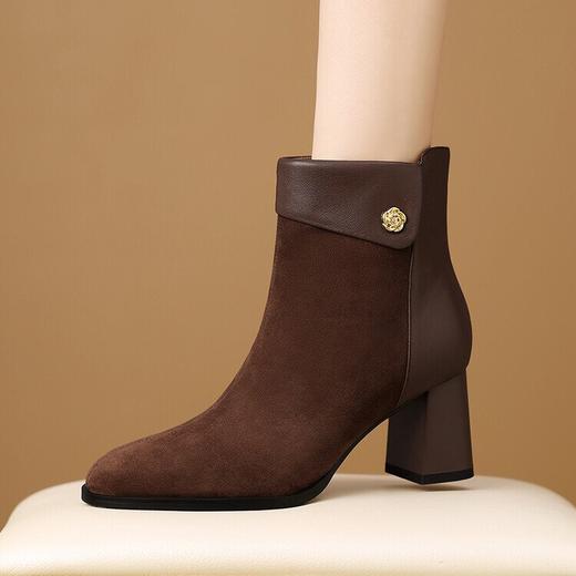 【预售5天】复古风磨砂高跟短靴新款气质尖头拼接粗跟短筒拼色女靴法式及踝靴HY&H3548 商品图1