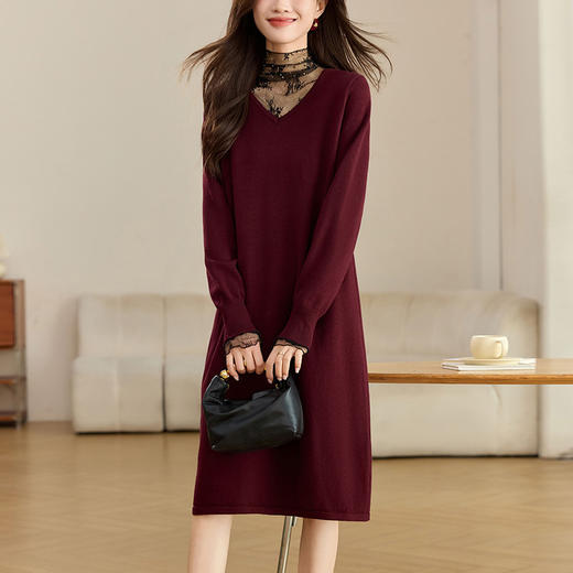 CC-XFY-2338蕾丝拼接毛衣连衣裙女中长款秋冬小个子配大衣内搭打底裙 商品图3