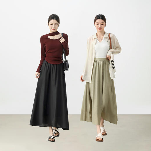 【内购】含莱赛尔&绵羊毛松紧高腰系绑带轻盈垂感薄款A字中长半身裙-151Q58165 商品图4