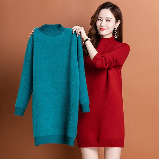 CC-DW-837半高领加绒厚款毛衣裙女中长款针织衫冬季新款一体绒内搭打底衫潮 商品图0