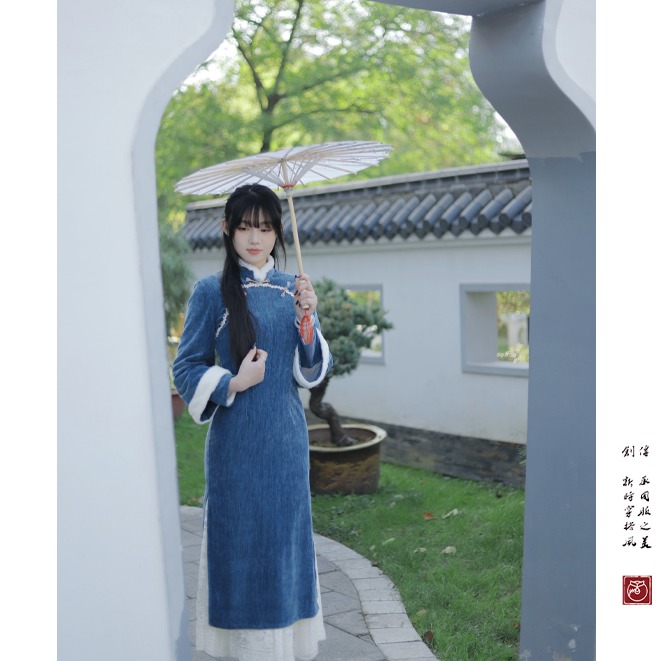 【碧城】冬季蓝色长袖加厚复古改良新中式气质年轻旗袍