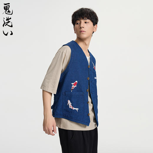 ONIARAI/鬼洗25春夏棒系列手绘锦鲤复古靛蓝提花马甲男  N340212 商品图1