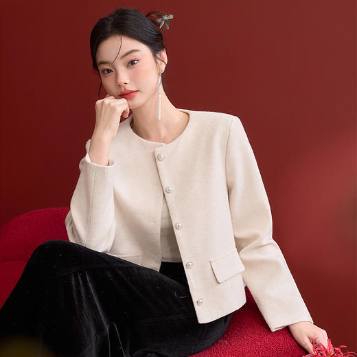 简约百搭毛边袖口短款呢子大衣女厚实圆领外套V0150114 商品图3