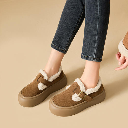 西遇厚底勃肯鞋女加绒冬季新款一脚蹬毛毛雪地靴东北保暖棉鞋V0047909 商品图3