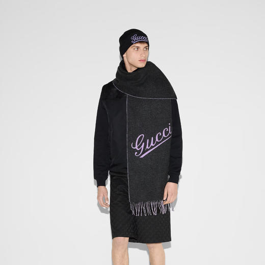 GUCCI 古驰 男女通用铭文提花羊毛围巾 紫色 795273 3GANX 1472 商品图3