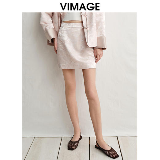 VIMAGE纬漫纪新中式浅粉高腰暗纹印花a字短裙半身裙2025春季新款V2306904 商品图0