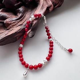 ELOANE GALLERY落岸 天然朱砂纯银水滴吊坠红色手链（7天内发货）