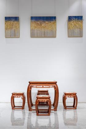 红桥红  家具严选  缅甸花梨（大果紫檀）【石面 78 仿故宫文竹 方桌五件套】