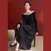 气质优雅交叉一字肩拼接毛边袖口长袖连衣裙女长裙V0350077 商品缩略图0