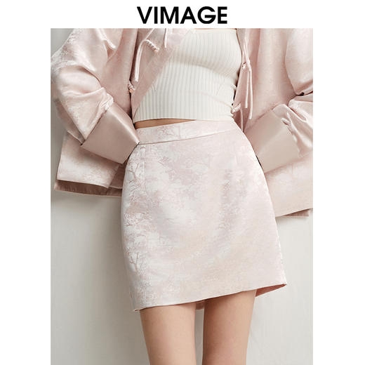 VIMAGE纬漫纪新中式浅粉高腰暗纹印花a字短裙半身裙2025春季新款V2306904 商品图2