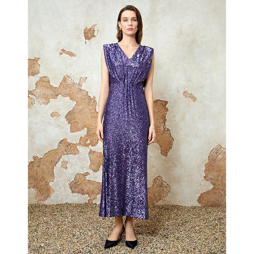 EITIE爱特爱气质V领修身高腰亮片礼服连衣裙2025春新款8177810 商品图3