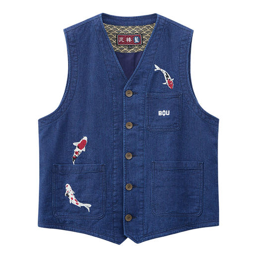 ONIARAI/鬼洗25春夏棒系列手绘锦鲤复古靛蓝提花马甲男  N340212 商品图3
