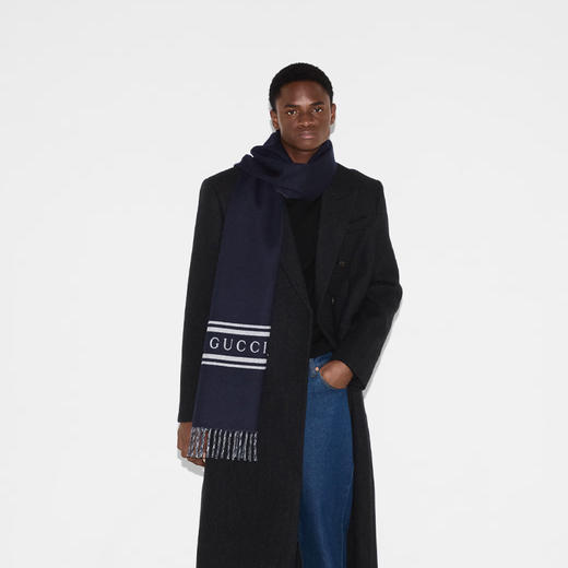 GUCCI 古驰 男士字母徽标提花羊毛围巾 深蓝色 795304 4GA17 4162 商品图2