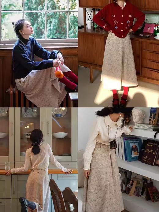 浮生八记/24C115/复古杂点单侧排扣古典英伦V字宽腰封A字伞裙 商品图0