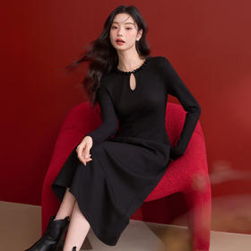 气质优雅重工花边珠片圆领长袖连衣裙女高级感内搭裙V0150154