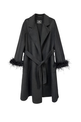 可拆卸驼鸟毛袖口黑色双面毛呢系带大衣外套